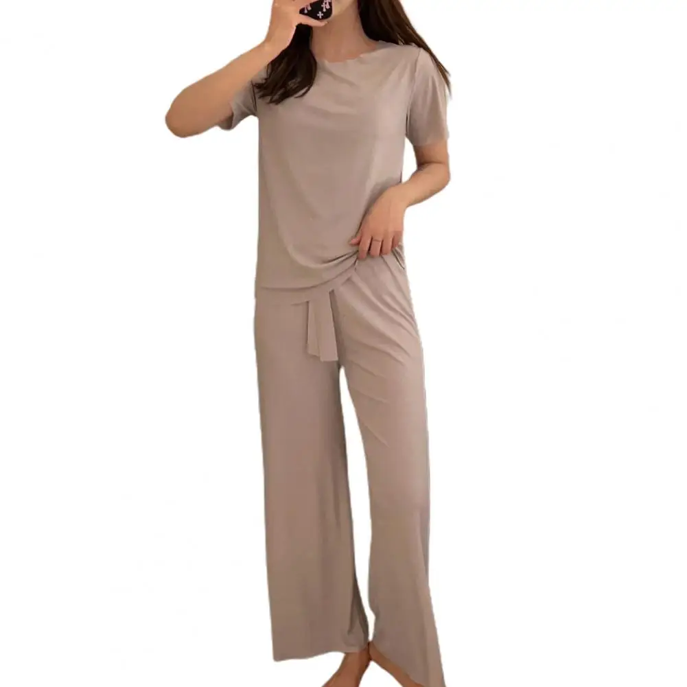 summer outfits for women 2023 O-neck Short Sleeve Ice Silk T-shirts Drawstring Wide Leg Pants Loungewear Set conjuntos cortos