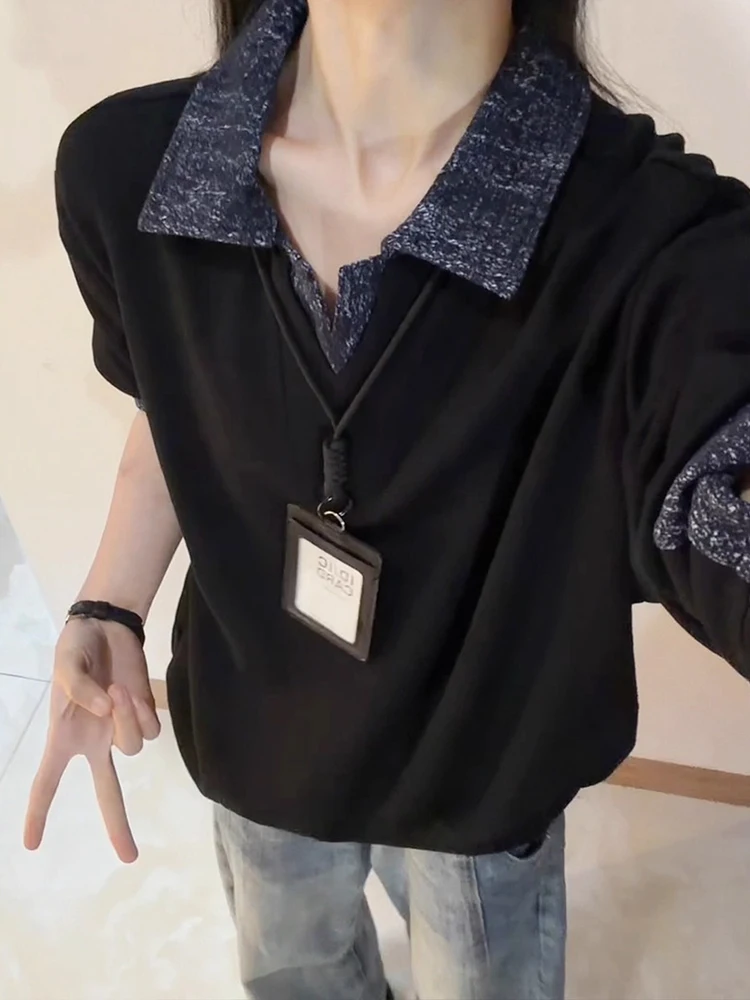 الأمريكية Sle طويلة Sve V-Ne Fce اصطف الرجال تي شيرت الخريف عالية تصميم تحسس اللون Blo الوزن الثقيل زوجين هوديي #2