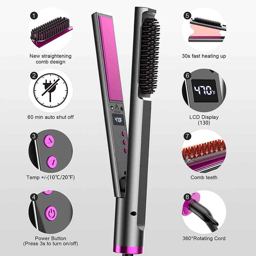 3 in 1 Professional Hair Straightener  Hair Heated Straightening Comb  Curling Iron  Electric Hair Styling  Ceramic Flat Iron