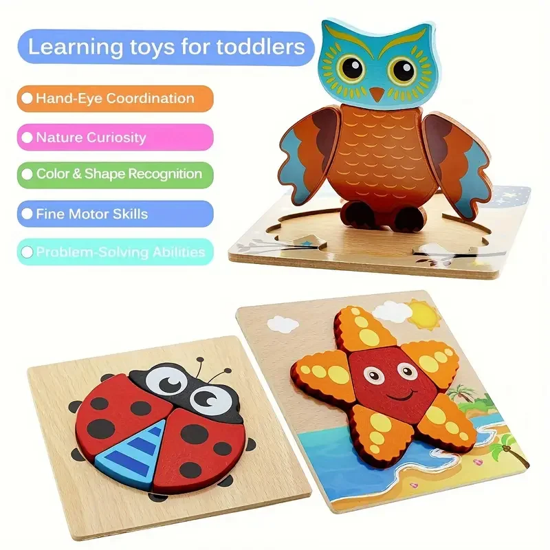 Wooden Puzzles Educational Cartoon Animals Early Learning Cognition Intelligence Puzzle Game For Children Toys