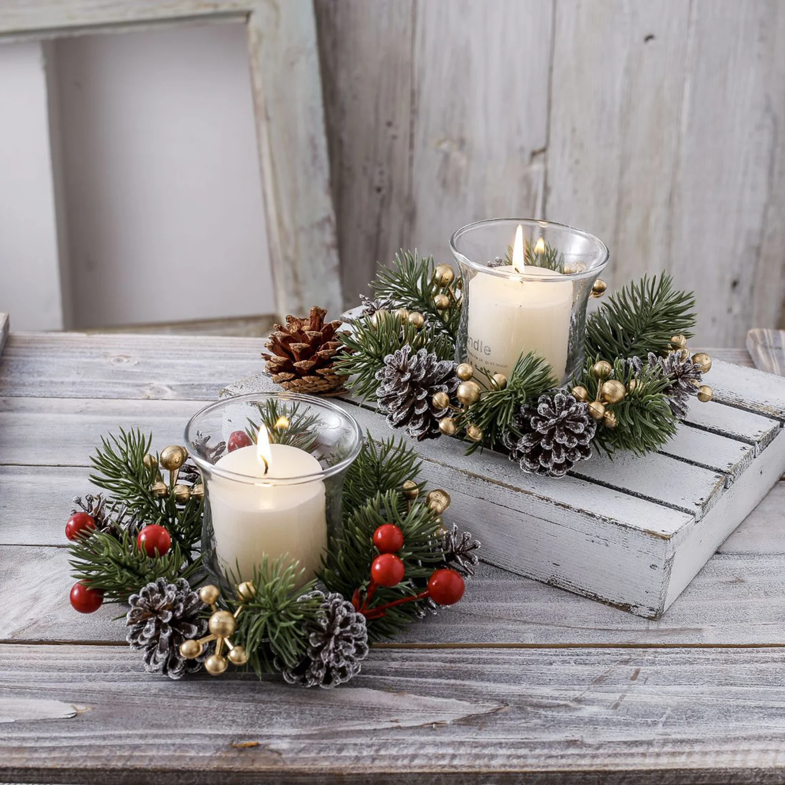 Christmas Wreath Candle Rings 2025 New Years Artificial Pine Cone Xmas Wreath Pillar Candle Garland for Table Décor