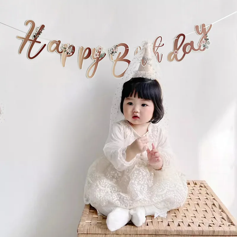 Romantic Flower Theme Letter Happy Birthday Banner Wall Hanging Garland for Kids Girl Birthday Baby Shower Party Decorations