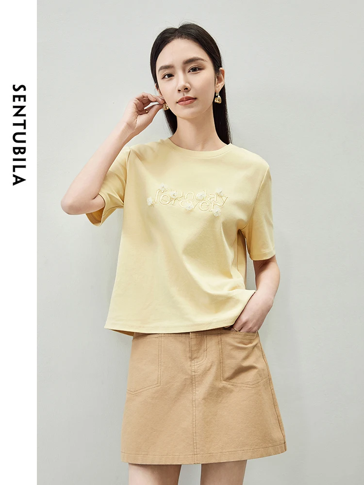 

SENTUBILA Women 100% Cotton T-shirt 2024 Summer Casual Loose Letter Embroidery Round Neck Short Sleeve Simple Tops 142T54222