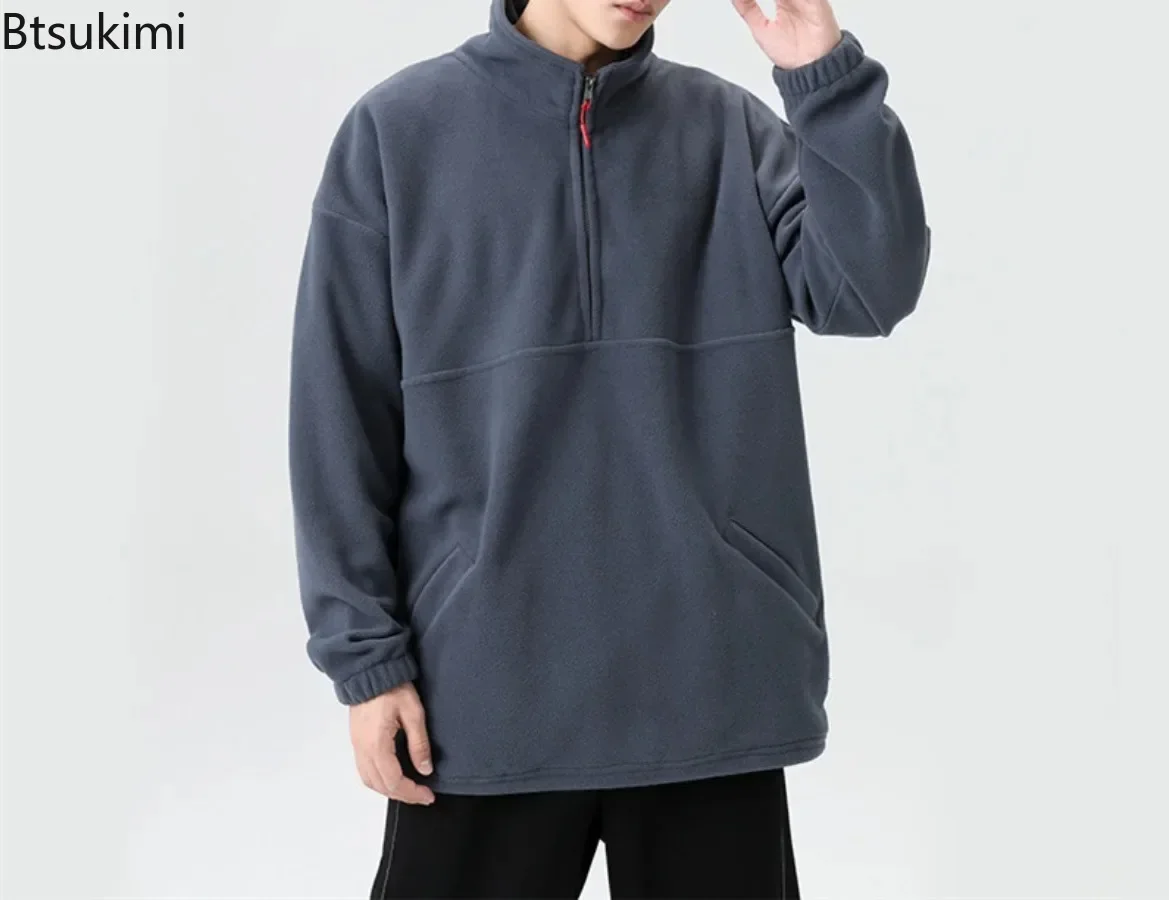 2025 Men's Casual Sweatshirts Fleece Thicker Warm Stand Collar Zipper Pullovers Hoodies Loose Streetwear Solid Men's Warm Tops