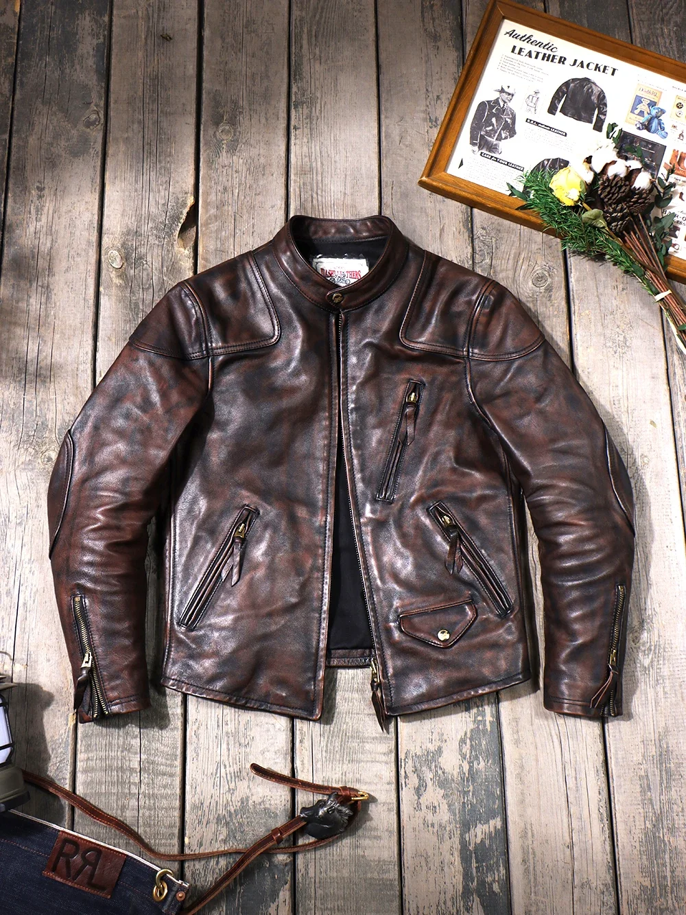 

Tea Core Horseskin Venom Biker Leather Wash Distressed Tom Hardy Classic Stand Collar Vintage Men's Leather Jacket