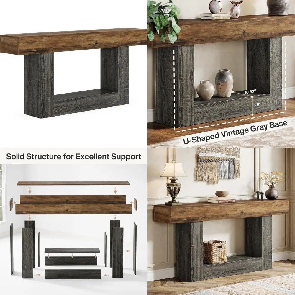 

Винтажный коричнево-серый двухуровневый столик для прихожей с U-образным основанием, подходит для размещения за диваном или в гостиной, в коридоре.