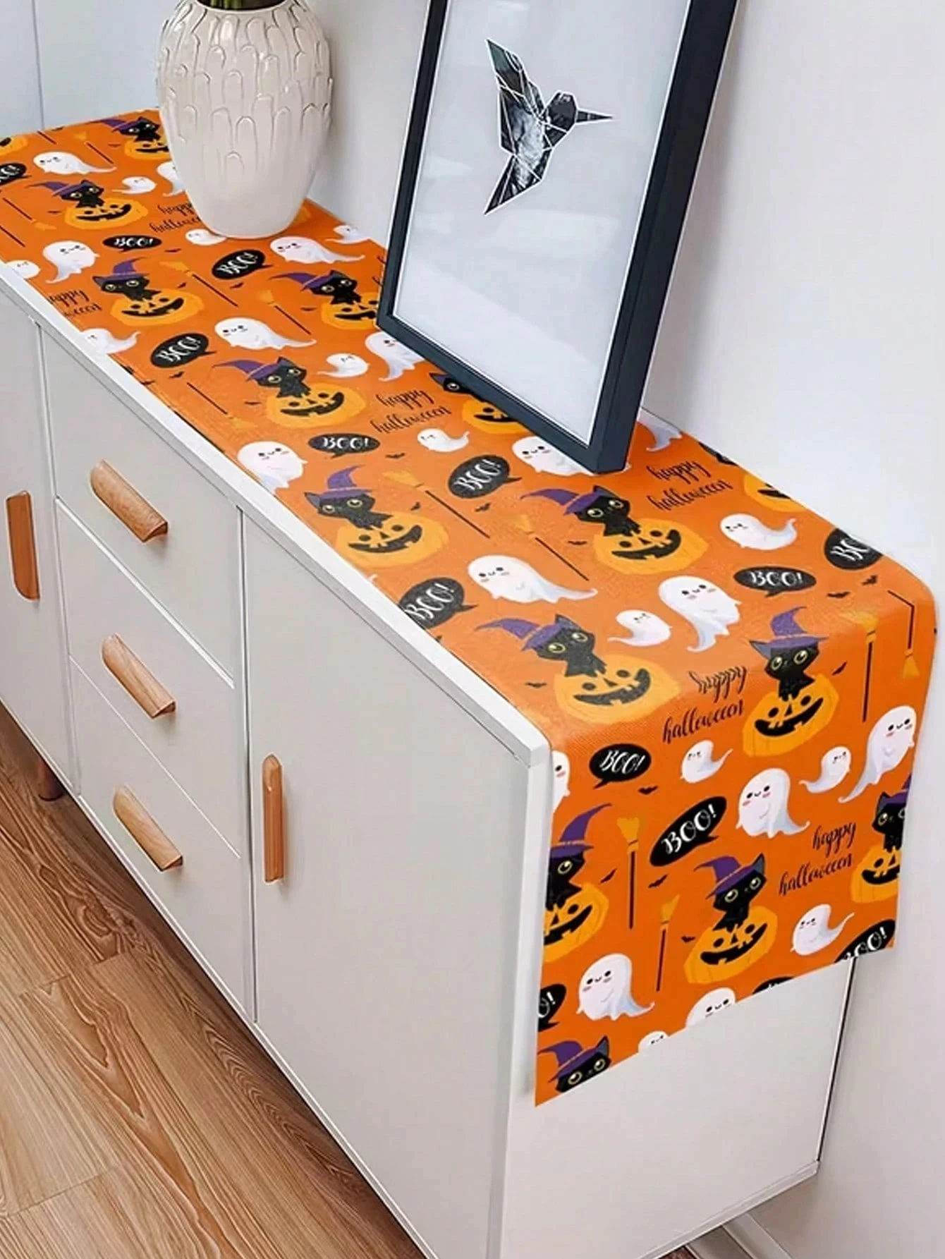 1pc Halloween Linen Table Runner, 2D Cute Black Cat Ghost Pumpkin Print, Multiple Sizes, Ideal Halloween Party Table Decoration