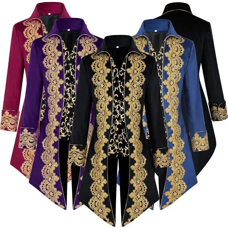 Retro Medieval Lace Tailcoat loween Costume Long Coat Men's Punk Sle Large Coat Purple Color XL Size Spring Season