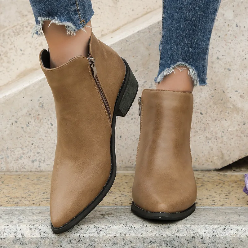 Autumn Women Ankle Boots 2024 Retro Style Pointed Toe Leather Boots Solid Short Barrel Chunky Heel Western Boots Botines Mujer