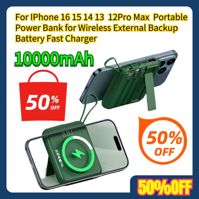 

For IPhone 16 15 14 13 12Pro Max 10000mAh Portable Power Bank for Wireless External Backup Battery Fast Charger