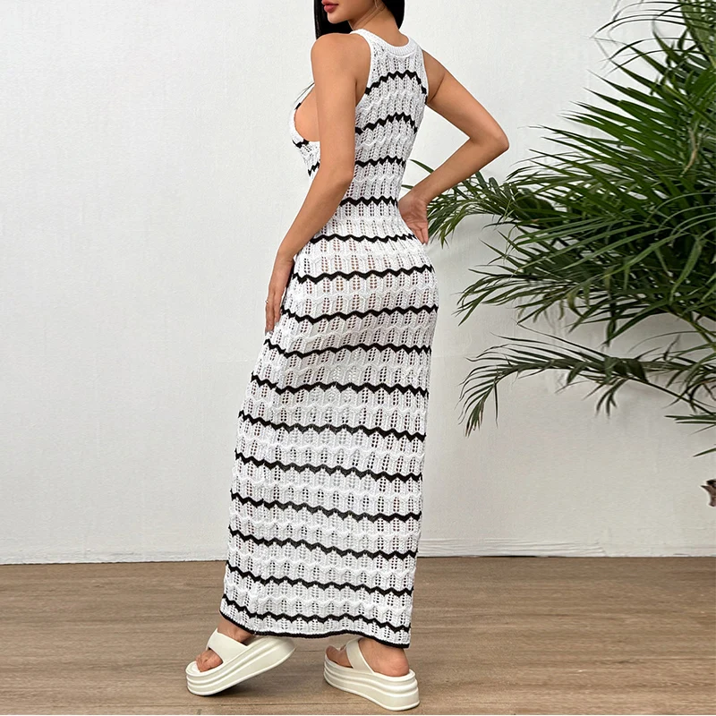 Европейские и американские новые сексуальные накидки с круглым воротником, вязаное черно-белое платье без рукавов, пляжная одежда, женский праздник