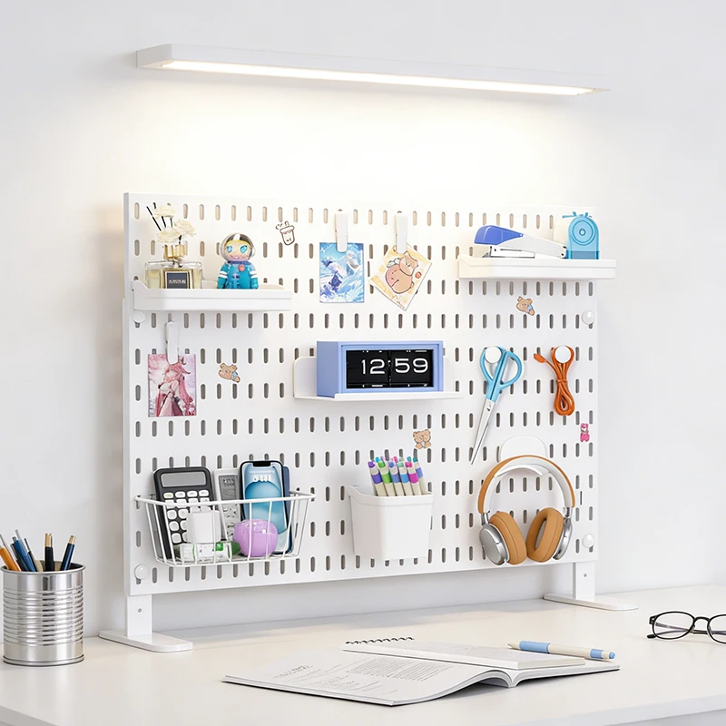 

Home Desk Pegboard Organizer – Dual Installation (Stand/Clamp-On), DIY Storage Rack for Stationery, Samples & Assorted Items