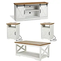 4-Piece Rustic Farmhouse Furniture Set Sliding Barn Door TV Stand Coffee Table 2 End Tables Side Table with Charging Station