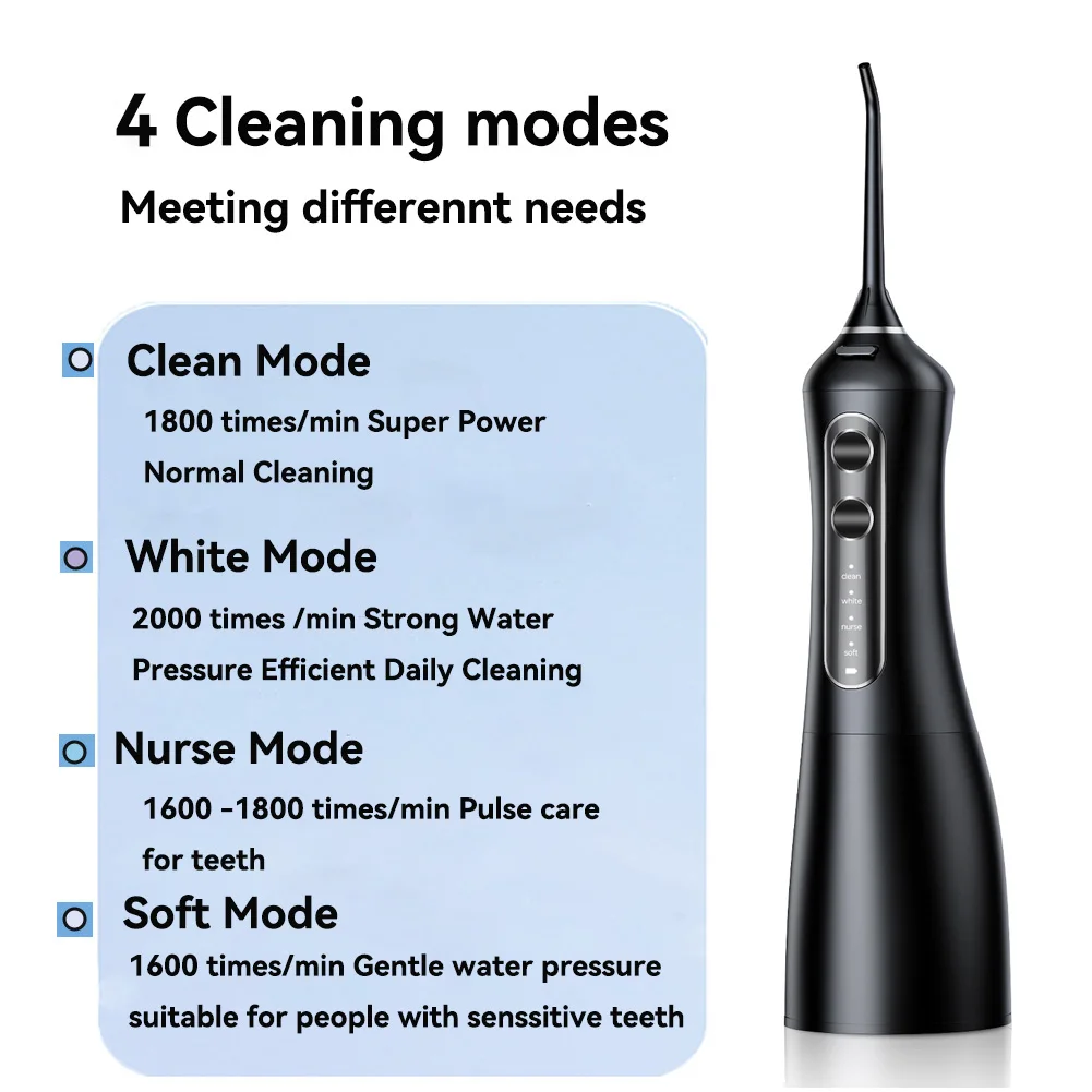 4 Cleaning Modes Oral Irrigator 320ml Black Portable Rechargeable Waterproof Dental Water Flosser Teeth Whitening Jet Floss