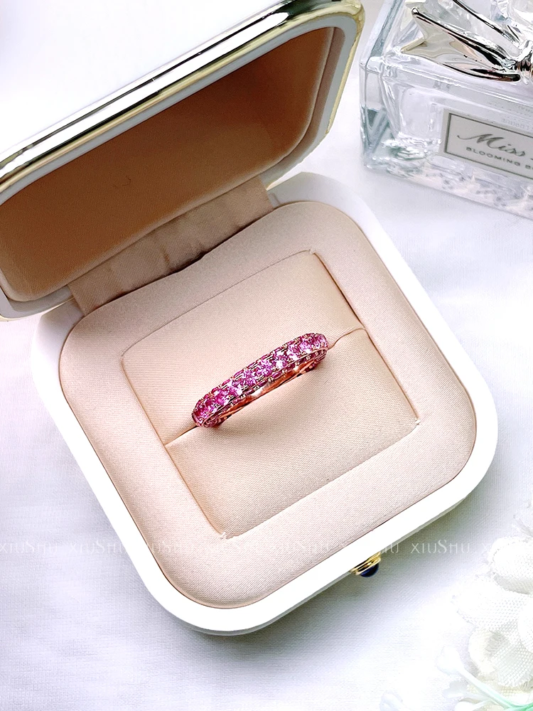 Full diamond micro inlaid artificial pink diamond 925 sterling silver finger ring with diamond arrangement, wedding jewelry