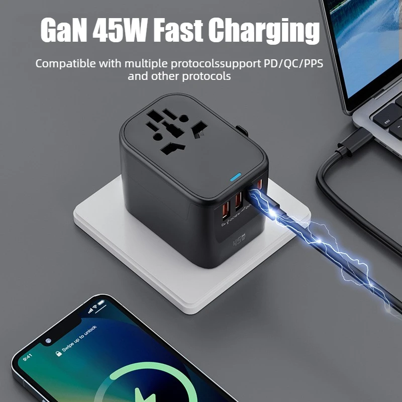 

Универсальный дорожный мультиадаптер PD 45 Вт 65 Вт, конверсионная вилка европейского стандарта, США, Австралии, Великобритании, 2 порта USB, 2/3 Type-C, адаптер для быстрой зарядки, европейская вилка