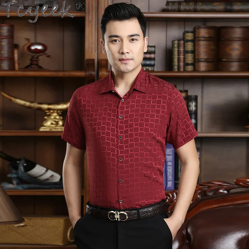 

Tcyeek 92% Mulberry Silk Mens Shirts Summer Men's Short Sleeve Top Casual Shirt Men Clothing Plaid Shirt 2024 Camisas De Hombre