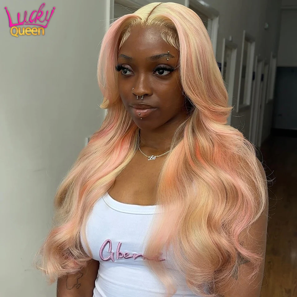 

613 Blonde Pink Highlight Lace Front Wig Human Hair 13x4 Transparent Lace Frontal Wigs Body Wave Pre Plucked with Baby Hair