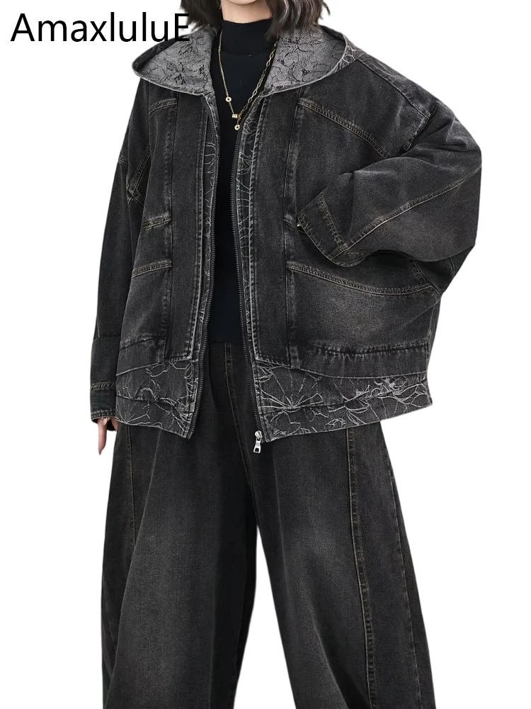 

Amax LuluE корейские весенние женские винтажные комплекты из 2 предметов, джинсовые костюмы, куртки с капюшоном и принтом, модные джинсы, повседневные брюки, свободные наряды
