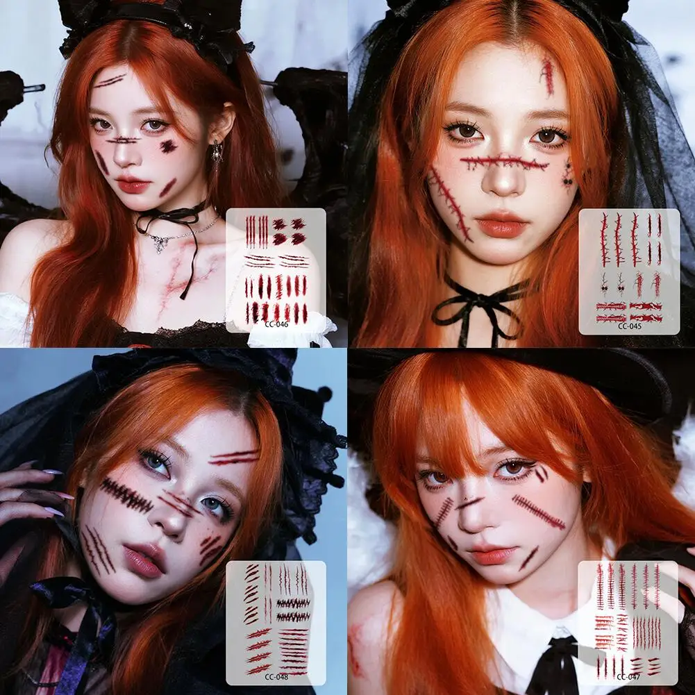 Stiker Tato Halloween, Stiker Wajah Sementara Halloween, Tato Makeup Luka Simulasi Gotik, Stiker Bekas Luka, Makeup Wajah E4V4