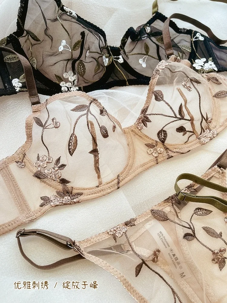 Stützendes Bügel-Dessous-Set, transparenter Netz-BH und Slip, sexy bestickte Spitze, ultradünn, Demi-Cup, Anti-Sag-Datumsgeschenk für Sie