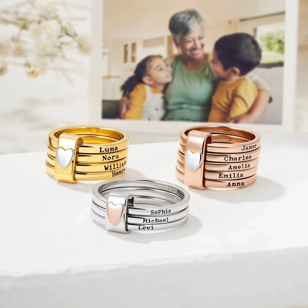 

Personalized Custom Family Name Stackable Ring with Heart Charm Engraved Kids Names Sentimental Jewelry Gift for Family