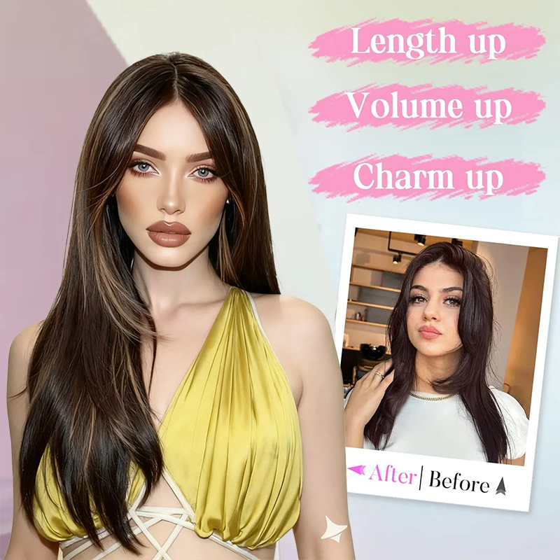 Clip-In Hair Extensions for Women - Synthetic Long Straight V-shaped Layered with Slight Curl, Adds Volume & Length