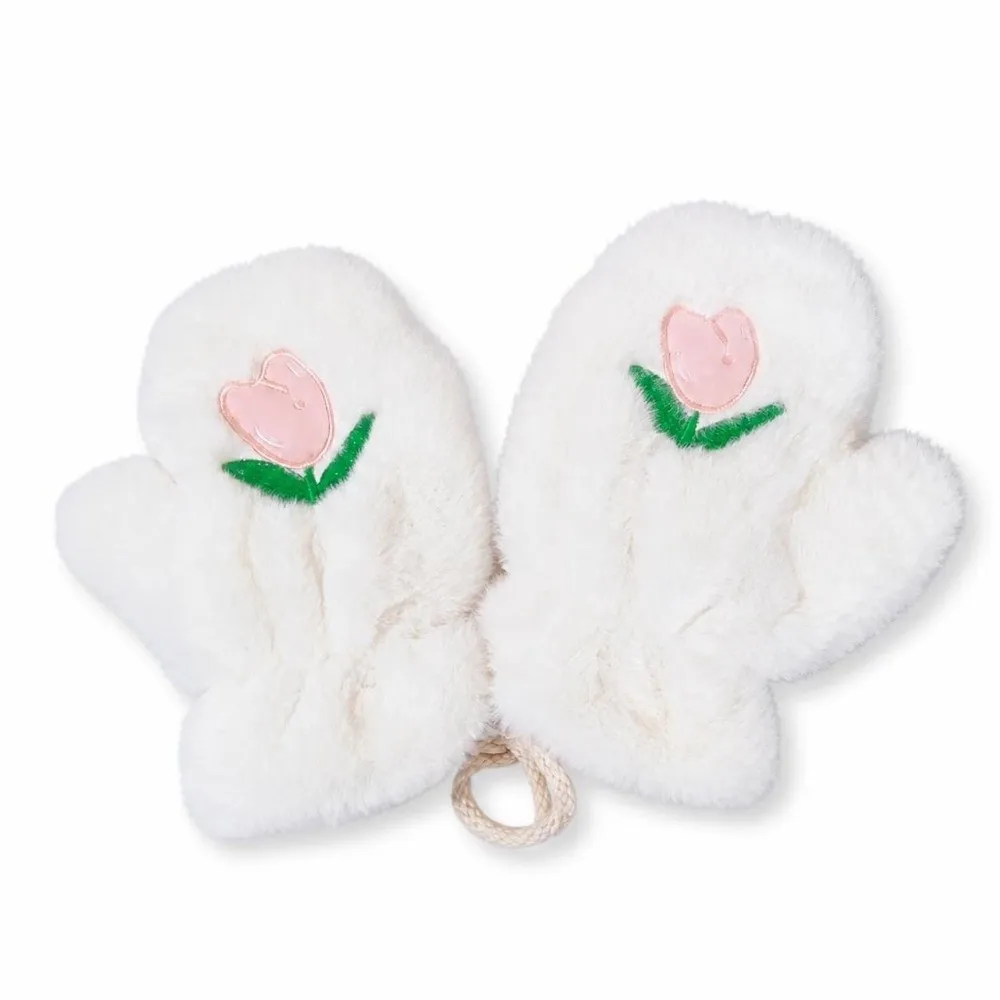 Cozy Cold-Proof Tulip Embroidery Gloves Warm Thickened Hanging Neck Mittens Windproof Fluffy Winter Cycling Gloves Outdoor