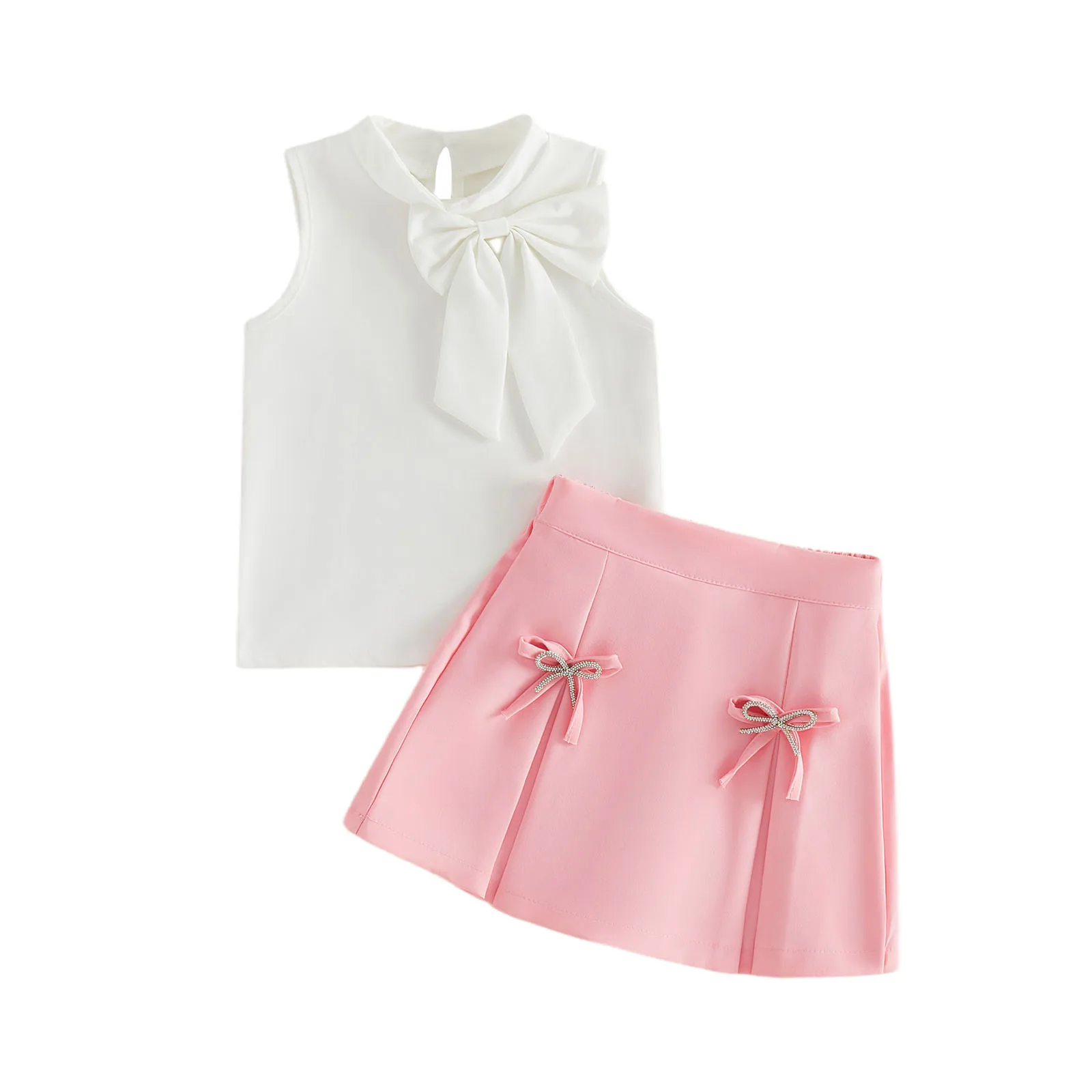 

Комплект из 2 предметов для маленьких девочек: летний топ без рукавов с высоким воротником и большим бантом, а также юбка-шорты