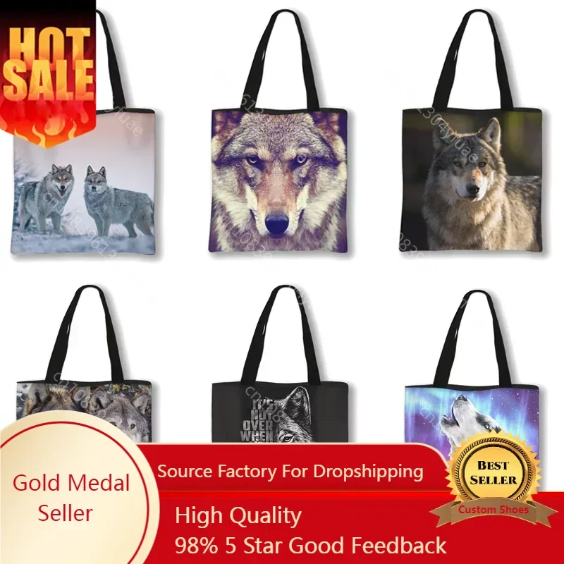 

Cool Wild Animal Wolf Print Shoulder Bags Women Handbags Eco Reusable Shopping Bag School Large Capacity bookbag tote bag