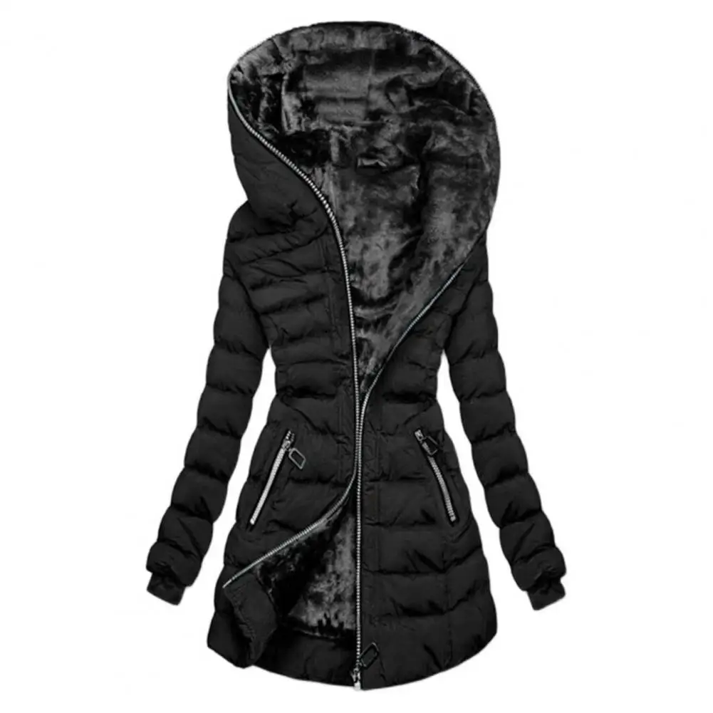 Women Cotton Coat Plush Lined Women's Winter Cotton Coat with Hood Elastic Cuffs Mid Length Down Jacket for Outdoor Activities