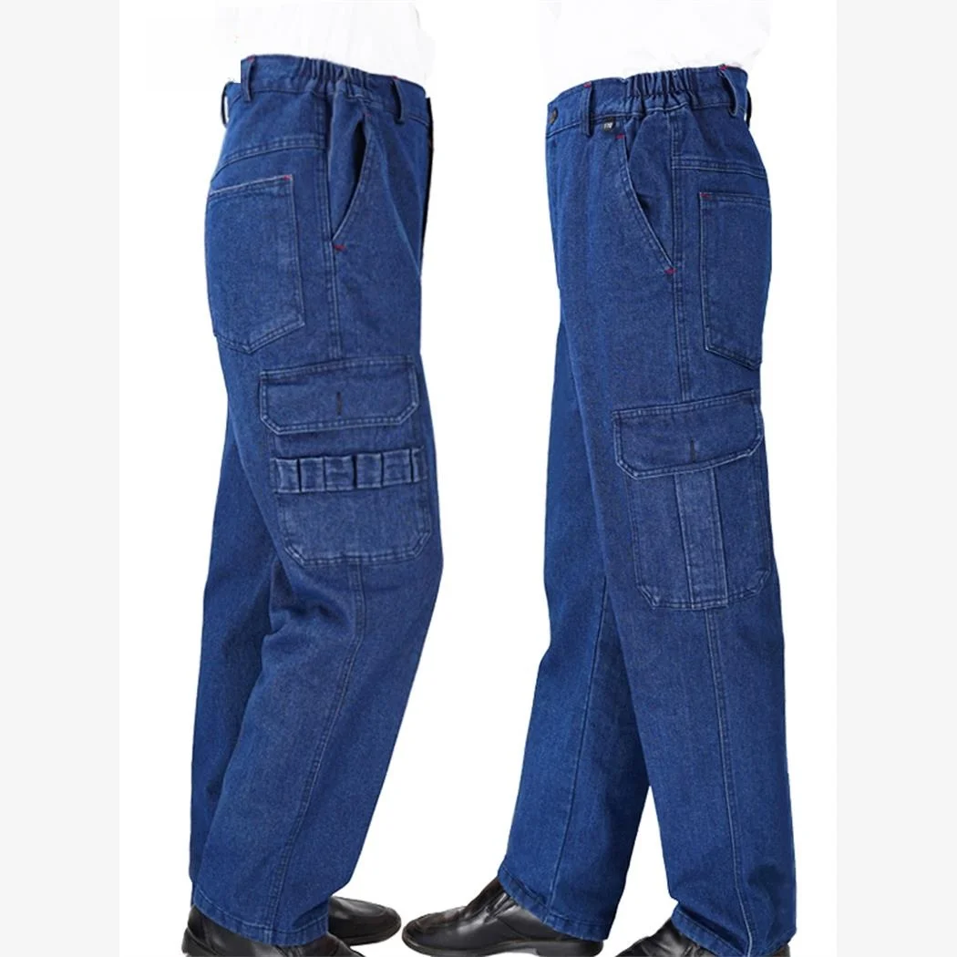 

Утепленные хлопковые рабочие брюки для мужчин, зимние, многокарманные, джинсовые, свободного кроя, износостойкие, для сварки, защитные.