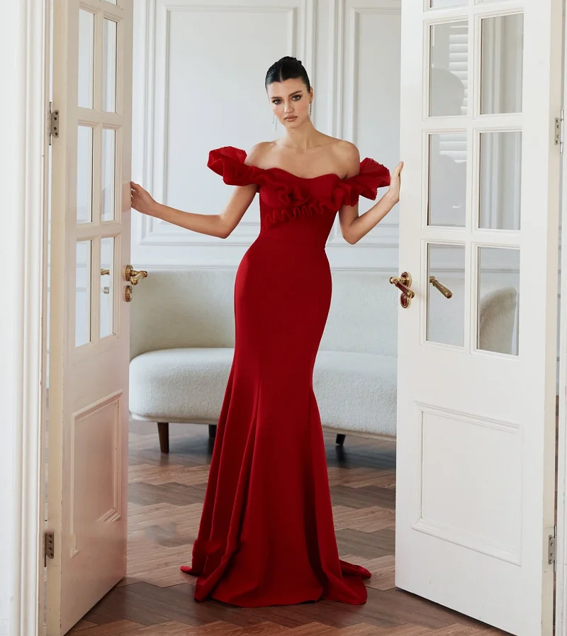 

Customized Off The Shoulder Formal Dress Short Sleeves Mermaid Boat Neck Jersey Evening Dresses