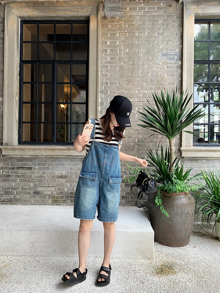 

Retro Denim Overalls Women's Summer Loose Casual College Sle Peanut Sugar Design High Waist Waed Blue Jeans ort Pants