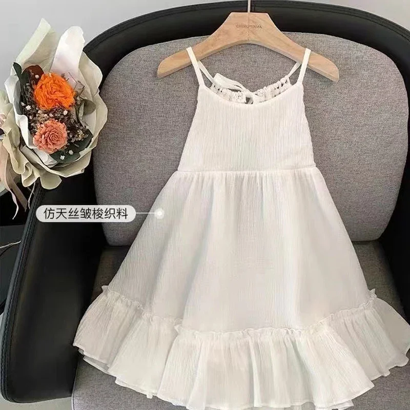 Robe d'été en dentelle blanche pour filles, tenue de soirée, bretelles spaghetti, à volants, vêtements pour enfants et maman