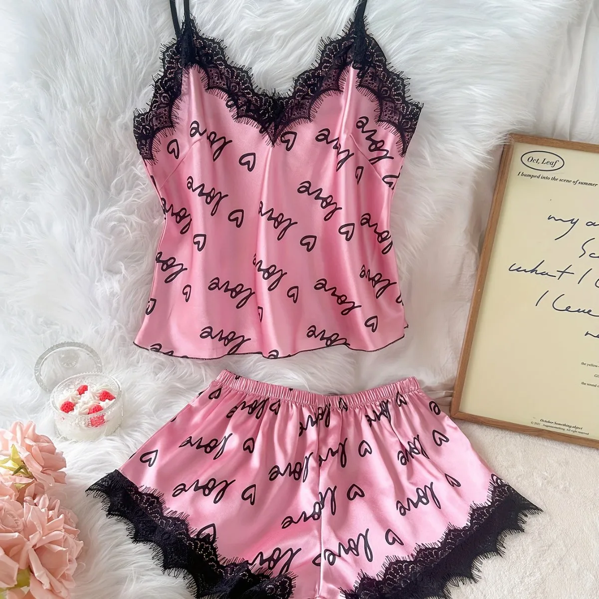 

Sexy Deep V-neck Ice Silk Lace Up Shorts with Lace Edges and Suspender Set for Home Wear