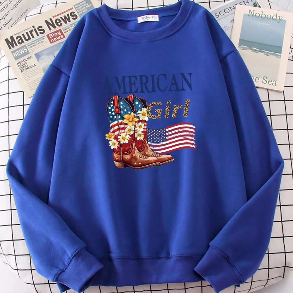 American Girl Flower Boots Print Women Pullovers Fashion Hip Hop Sweatshirt Loose Casual Sweatshirts Autumn Fleece Woman Top