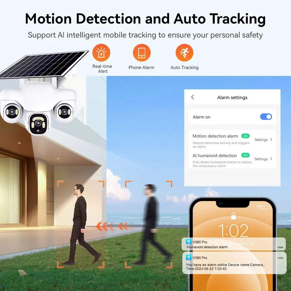 V380 Pro 15MP عدسة ثلاثية PTZ التحكم 4G كاميرا تعمل بالطاقة الشمسية في الهواء الطلق ثلاثة شاشات PIR كشف الحركة كاميرا مراقبة أمنية CCTV