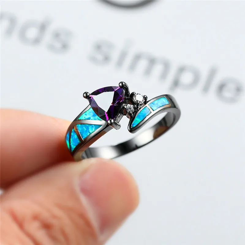 JLR-219 خاتم الروديوم الأسود مع أوبال النار المنشور وترصيع العقيق الأزرق الهندسي، خاتم كوكتيل قوطي قابل للتكديس للنساء، مطلي J #6