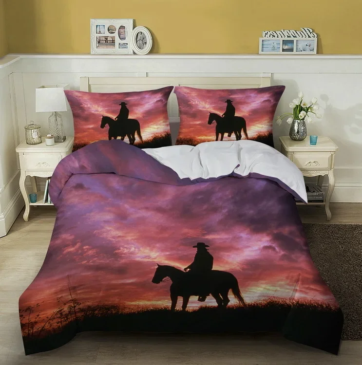 

Vintage Cowboy Duvet Cover Set King/Queen Size Horse Western Style Wilderness At Sunset Scenery Polyester Quilt Cover for Teens