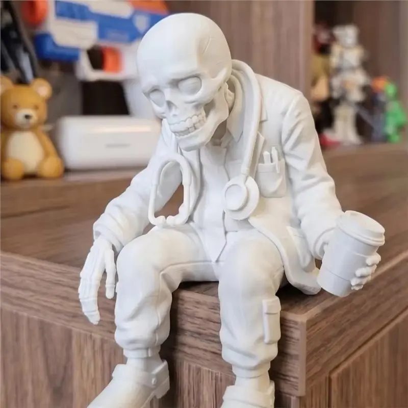 PHFU-Funny Tired Worker Statue Skeleton Figurine 3D-Printed Halloween Skeleton Desk Ornament