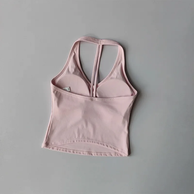 Women's Sexy V-Neck Fitness Bra Nude Sports Bra Hanging Neck Yoga Suit Vest Comfortable Breathable Gym Top for Active Wear