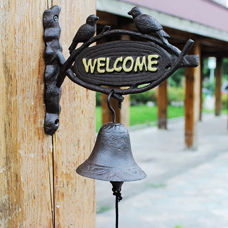 Retro Welcome Bell With Two Little Birds Modeling - Wrought Iron Doorbell, Cast Iron Hand Bells Craft For Gate Of Coffee Shop