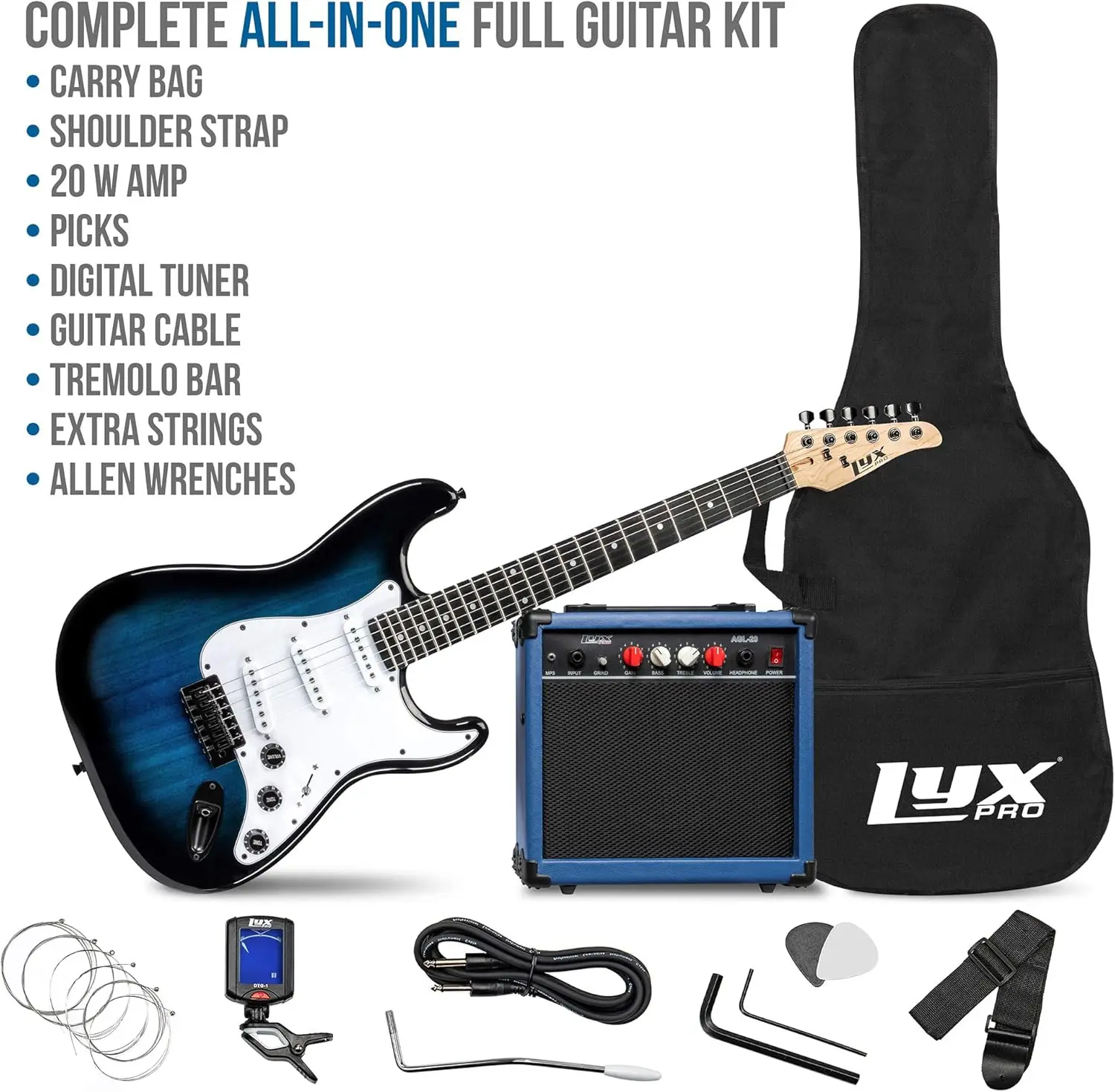 39 inch Electric Guitar Kit Bundle with 20w Amplifier, All Accessories, Digital Clip On Tuner, Six Strings, Two Picks, Tremolo B