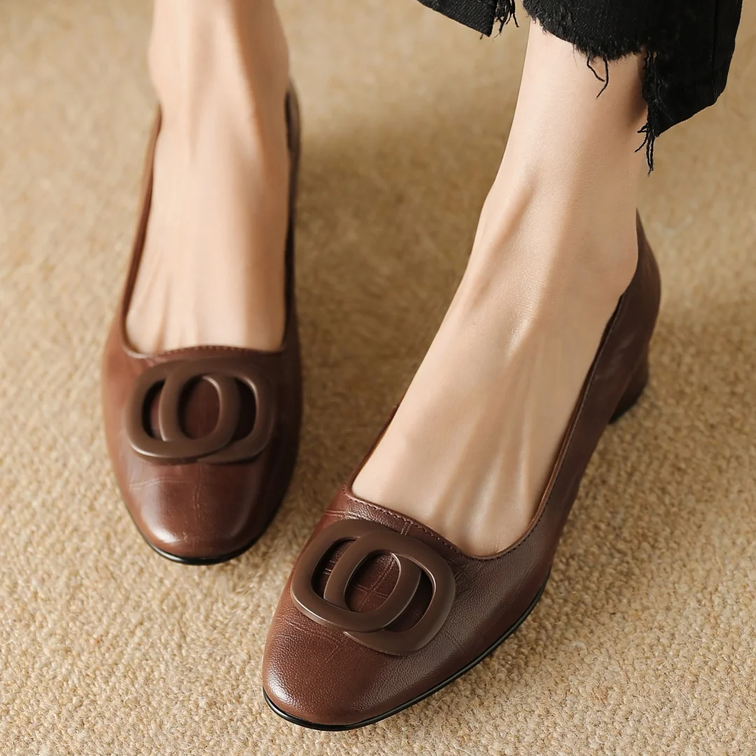 Women's sheepskin round toe metal buckle slip-on pumps 3cm thick low heel elegant ladies Ol style daily slim dress heels shoes view 6