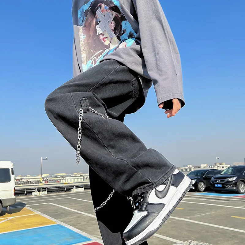 

New high street design sense of niche pants tide brand loose straight chain jeans men's hiphop fried Street pants