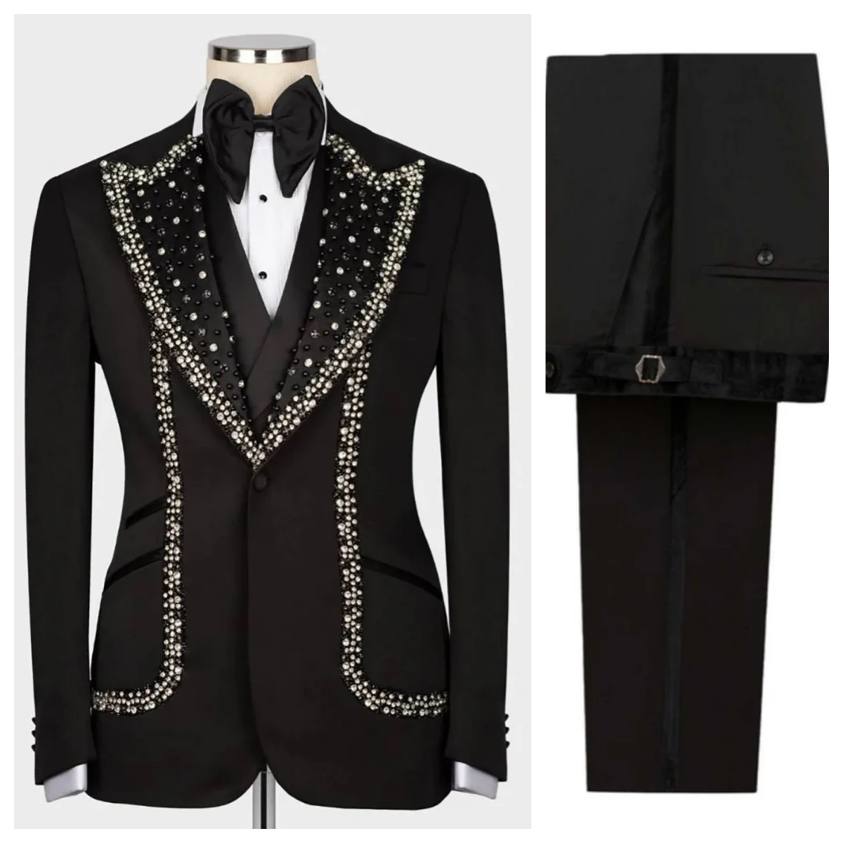 

Gentleman Man Tuxedos One Button Peaked Lapel Men Suit Handsome Beaded 2 Pcs Jacket Pants Evening Wedding Groom Customized