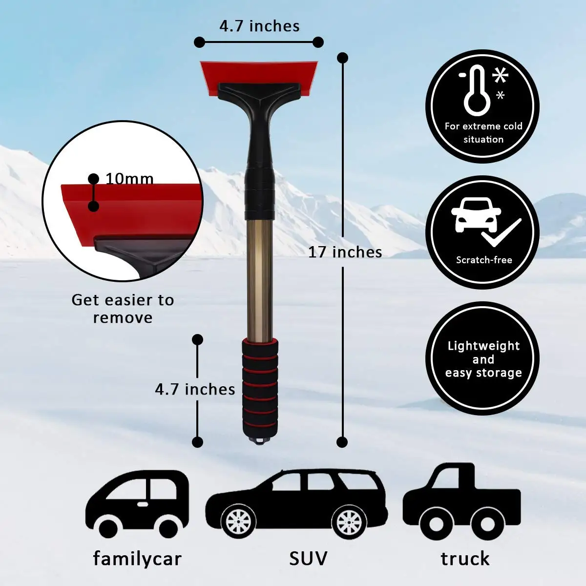 مكشطة ثلج ثلج السيارة شفرة مطاطية مقاومة للخدش والتجميد، مقبض طويل للزجاج الأمامي للسيارة مكشطة إزالة الثلج والثلج الصقيع