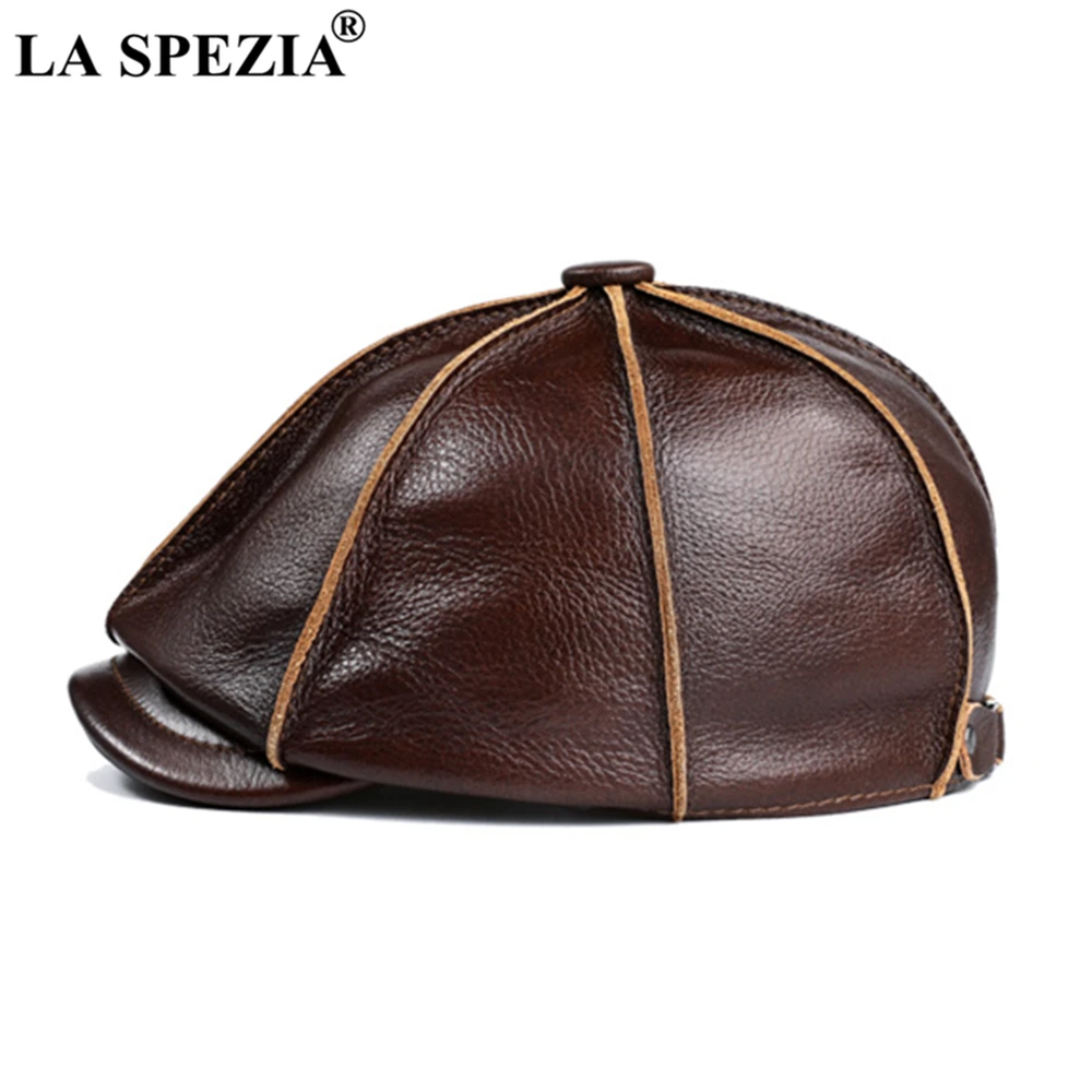 LA SPEZIA Genuine Leather Newsboy Cap Men Real Cowskin Leather Octagonal Hat Autumn Winter HIgh Quality Hats for Men Accessories