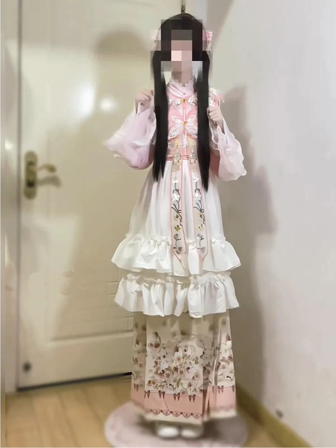 Pink Embroidered Cloud Shoulder Hanfu Women's Sleeve Top Skirt Sweet Lolita Dress Autumn Collection Traditional Chinese Costume